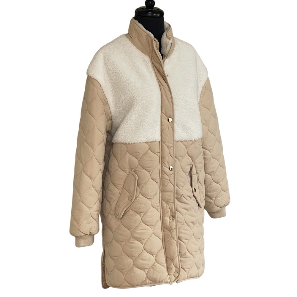 Me Jane Tan Cream Sherpa Quilted Puffer Coat Sz M Midi Length Snap Zipper Jacket
